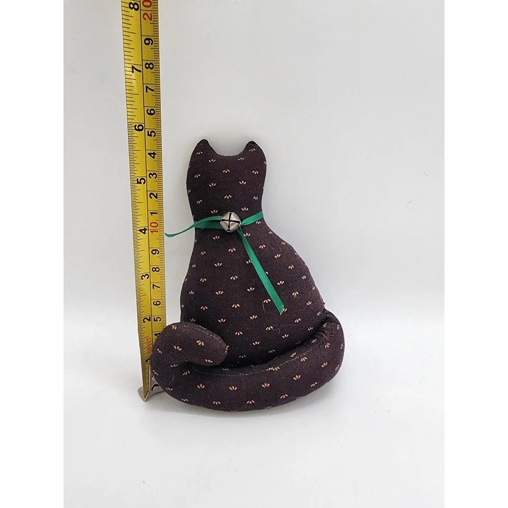 Vintage Handmade Fabric Cat Plush Black Gold‎ Floral Print Green Ribbon Bell 7in